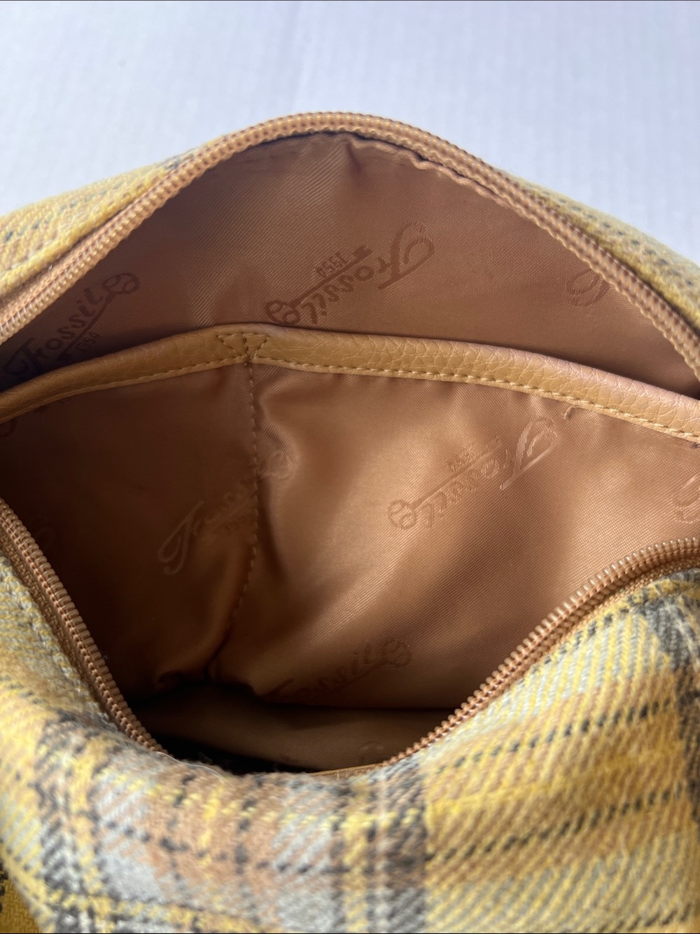 vintage Fossil shoulder yellow plaid pattern Leather Trim Tartan Baguette purse - Picture 6 of 8